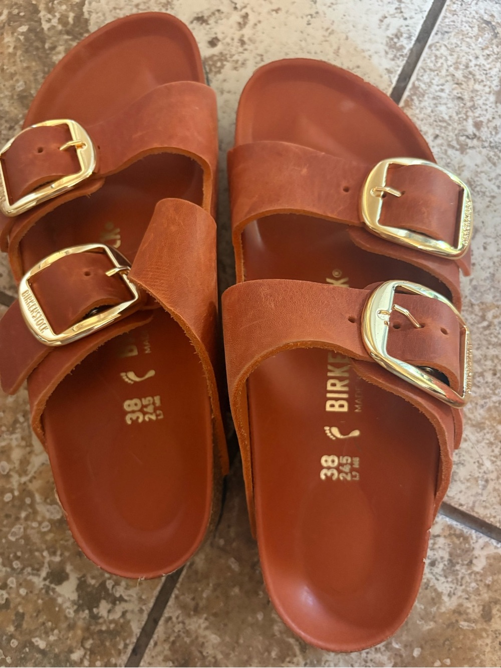 Birkenstock Women's Two-Strap Sandals in Cognac with Gold Buckles